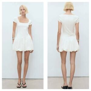 Mango White Bubble Hem Mini Dress Size Small Square Neck Stretch